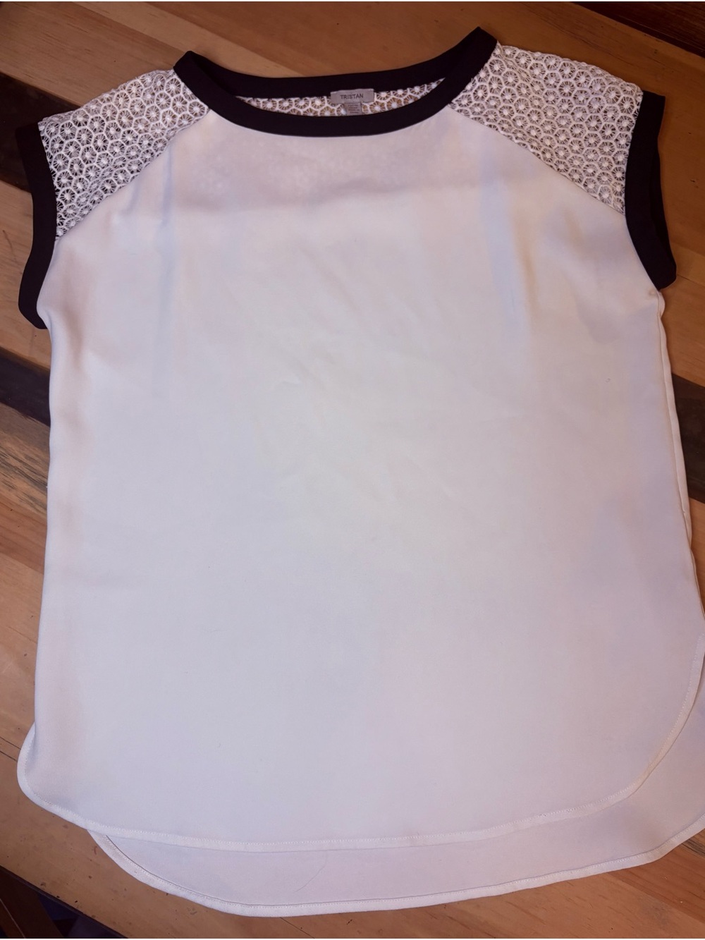 Tristan White Sleeveless Top with Black Trim and Crochet Shoulders